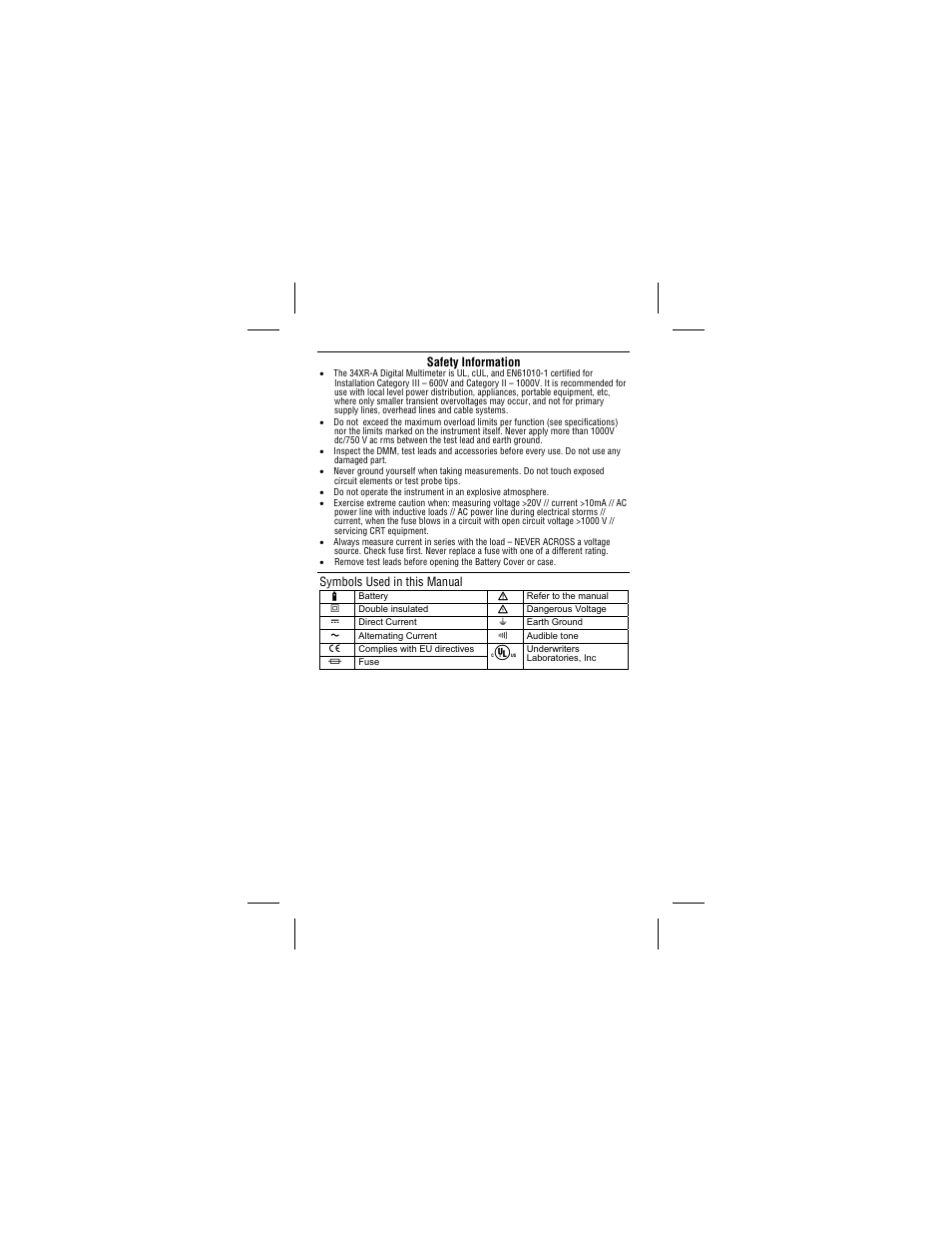 Safety information, Symbols used in this manual | Amprobe 34XR-A Professional-Digital-Multimeter User Manual | Page 8 / 73