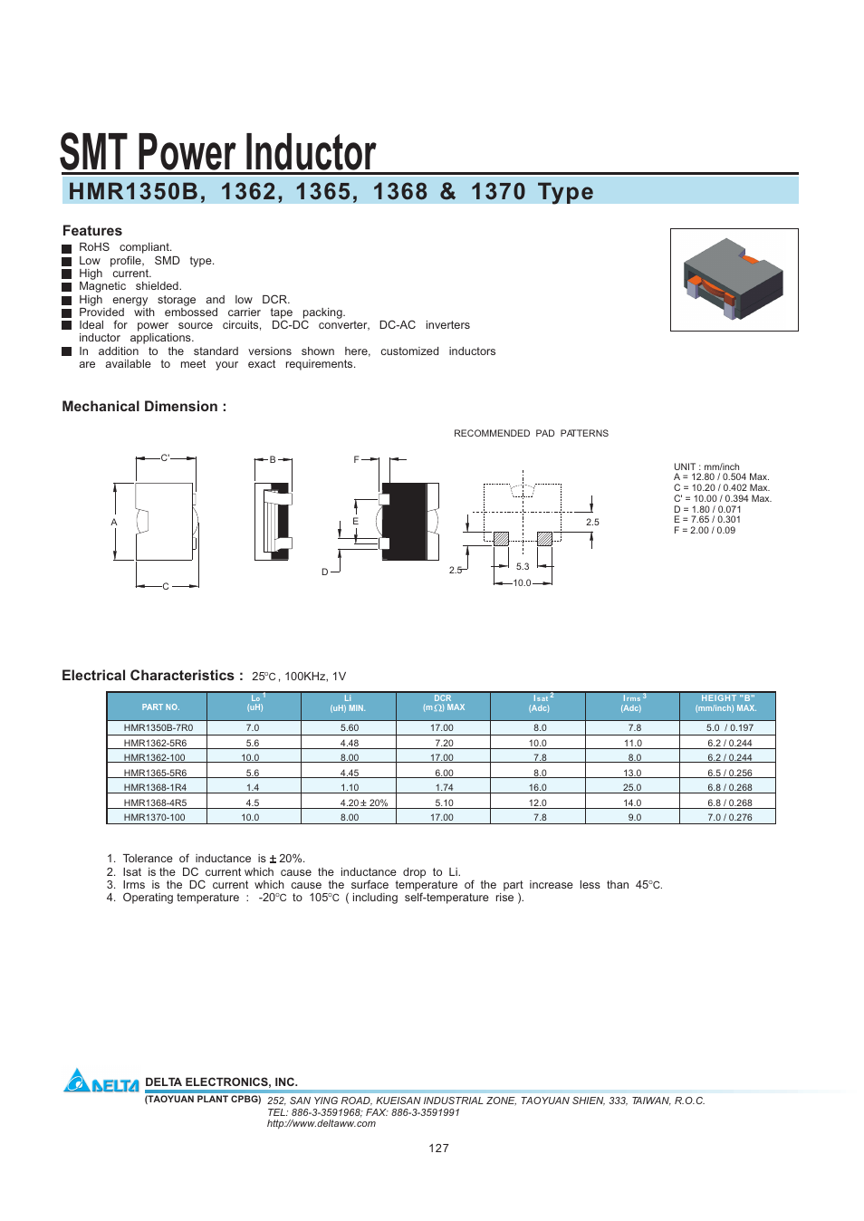 Delta Electronics SMT Power Inductor 1370 User Manual | 1 page