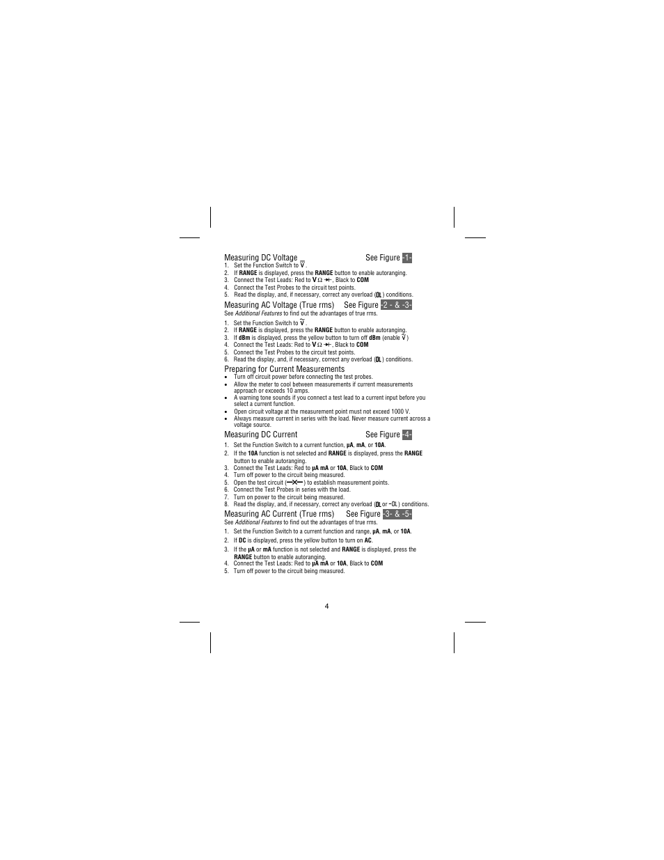 Measuring dc voltage see figure -1, Preparing for current measurements, Measuring dc current see figure -4 | Amprobe 37XR-A Professional-Digital-Multimeter User Manual | Page 11 / 86