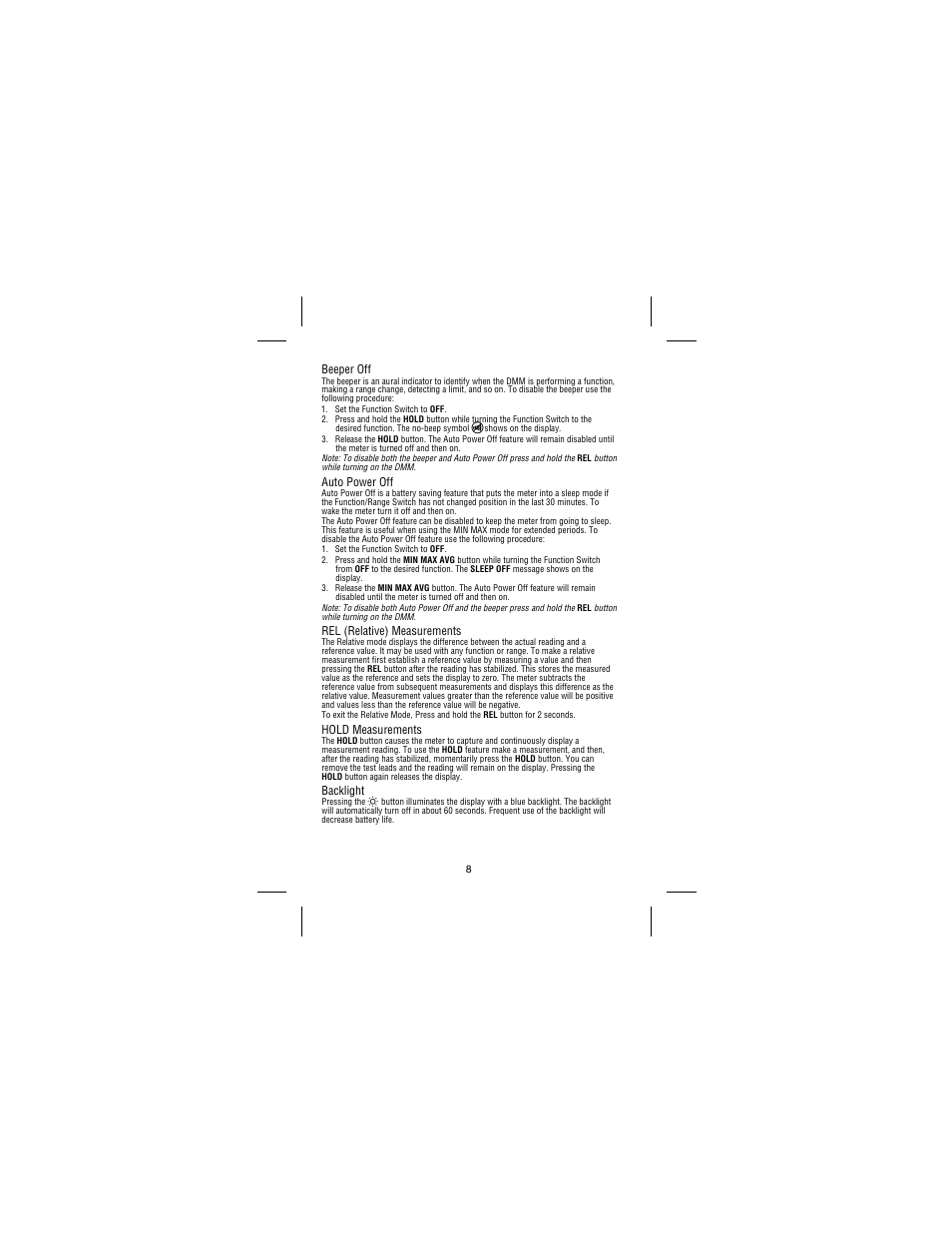 Beeper off, Auto power off, Rel (relative) measurements | Hold measurements, Backlight | Amprobe 37XR-A Professional-Digital-Multimeter User Manual | Page 15 / 86