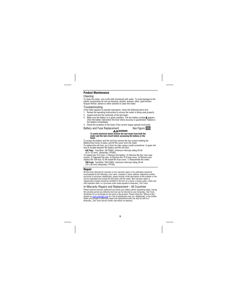 Product maintenance cleaning, Troubleshooting, Battery and fuse replacement see figure -15 | Repair | Amprobe 37XR-A Professional-Digital-Multimeter User Manual | Page 16 / 86