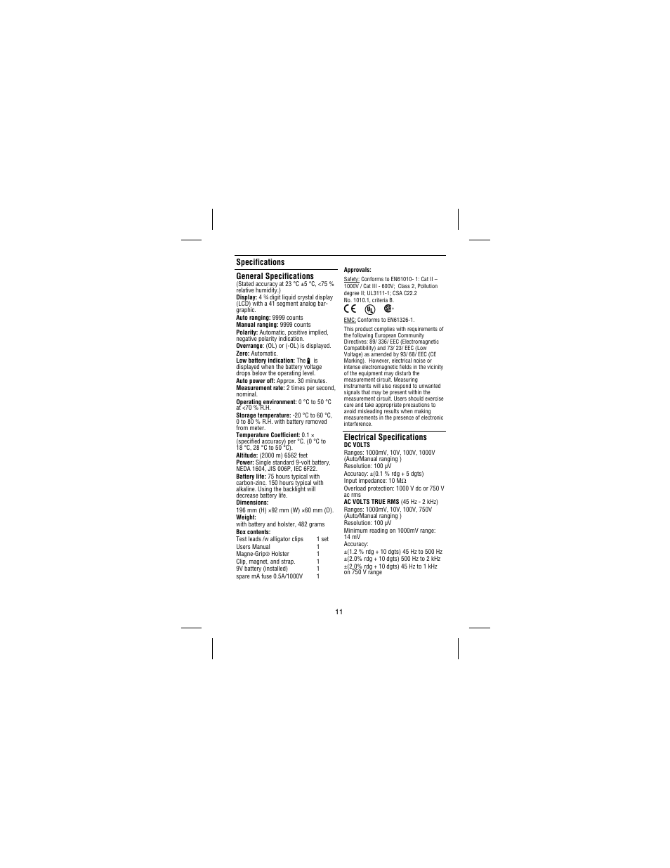Specifications general specifications, Electrical specifications | Amprobe 37XR-A Professional-Digital-Multimeter User Manual | Page 18 / 86