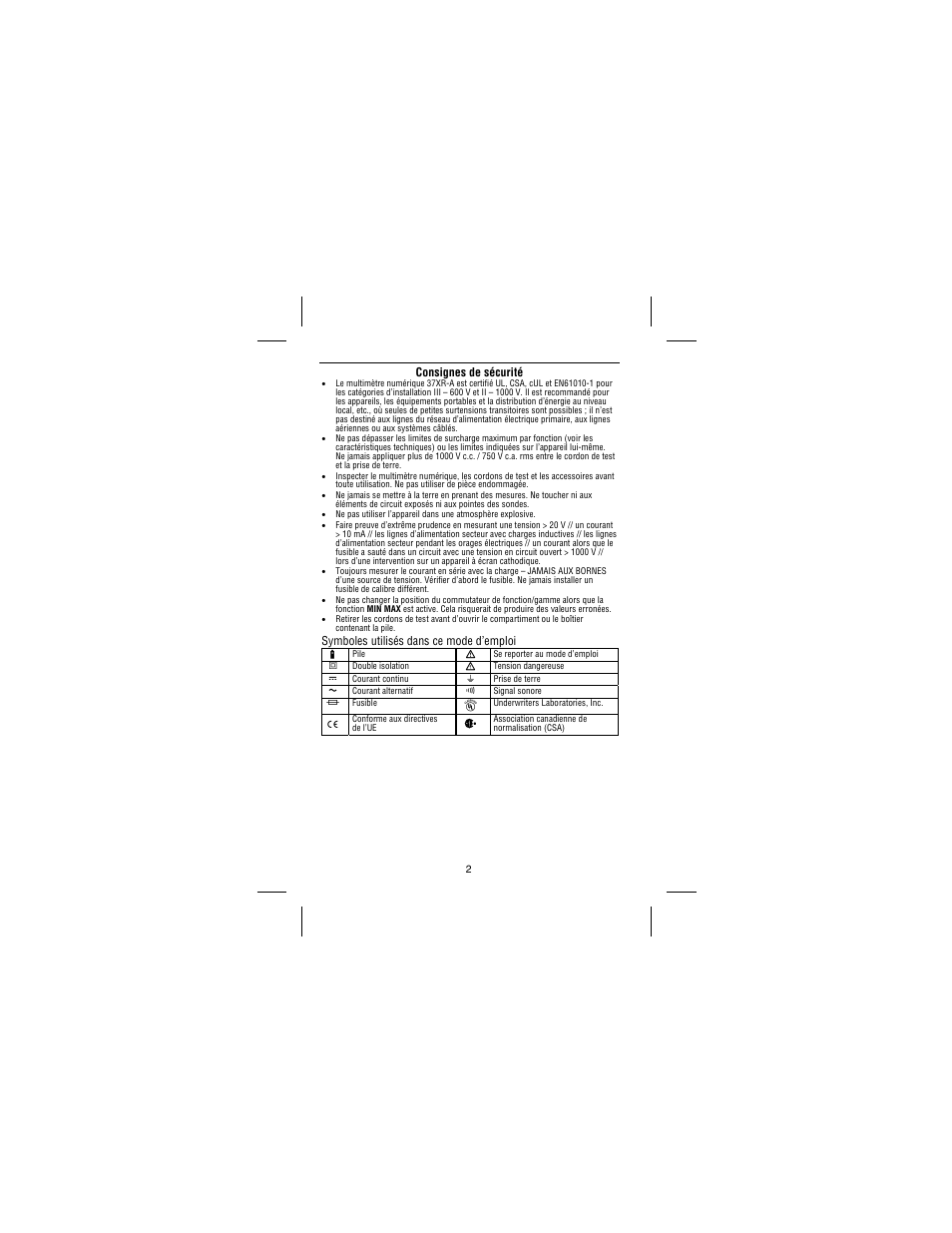 Consignes de sécurité, Symboles utilisés dans ce mode d’emploi | Amprobe 37XR-A Professional-Digital-Multimeter User Manual | Page 31 / 86