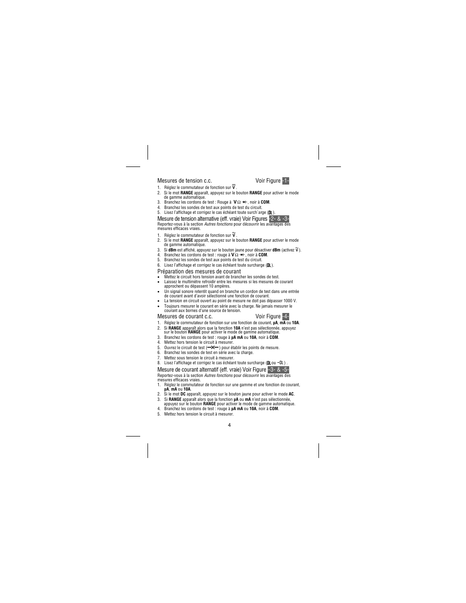 Mesures de tension c.c. voir figure -1, Préparation des mesures de courant, Mesures de courant c.c. voir figure -4 | Amprobe 37XR-A Professional-Digital-Multimeter User Manual | Page 33 / 86