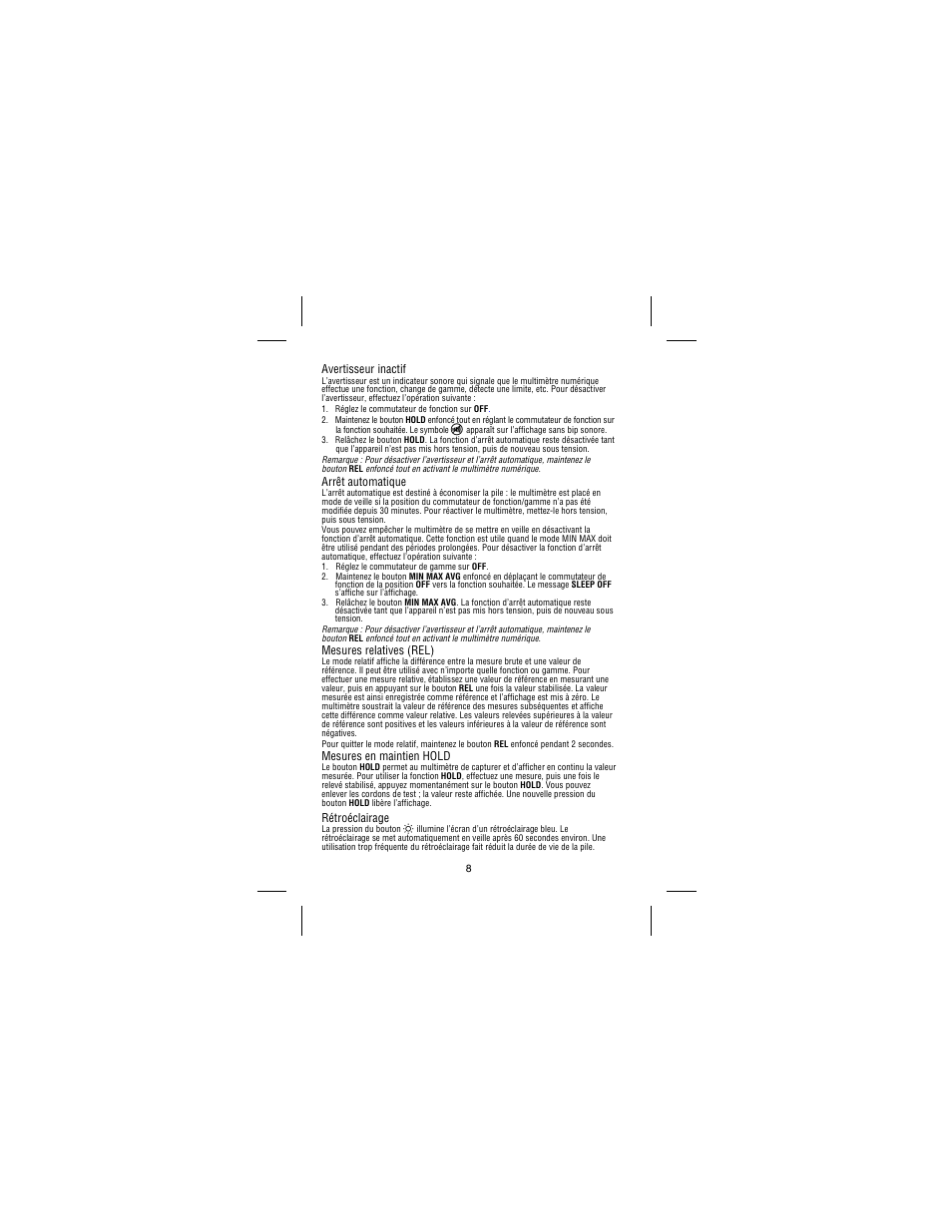 Avertisseur inactif, Arrêt automatique, Mesures relatives (rel) | Mesures en maintien hold, Rétroéclairage | Amprobe 37XR-A Professional-Digital-Multimeter User Manual | Page 37 / 86