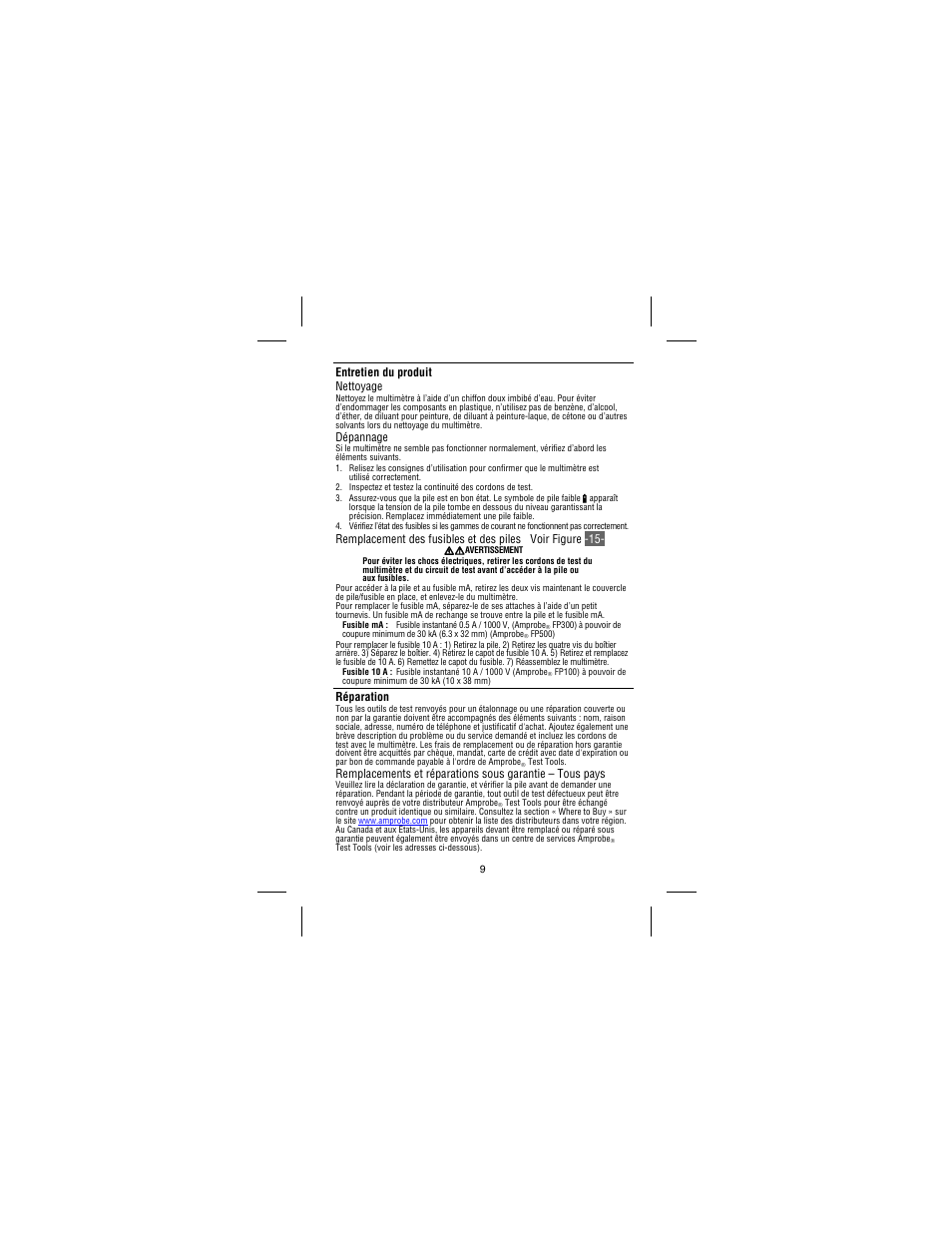 Entretien du produit nettoyage, Dépannage, Réparation | Amprobe 37XR-A Professional-Digital-Multimeter User Manual | Page 38 / 86