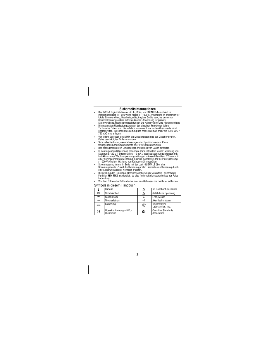 Sicherheitsinformationen, Symbole in diesem handbuch | Amprobe 37XR-A Professional-Digital-Multimeter User Manual | Page 45 / 86