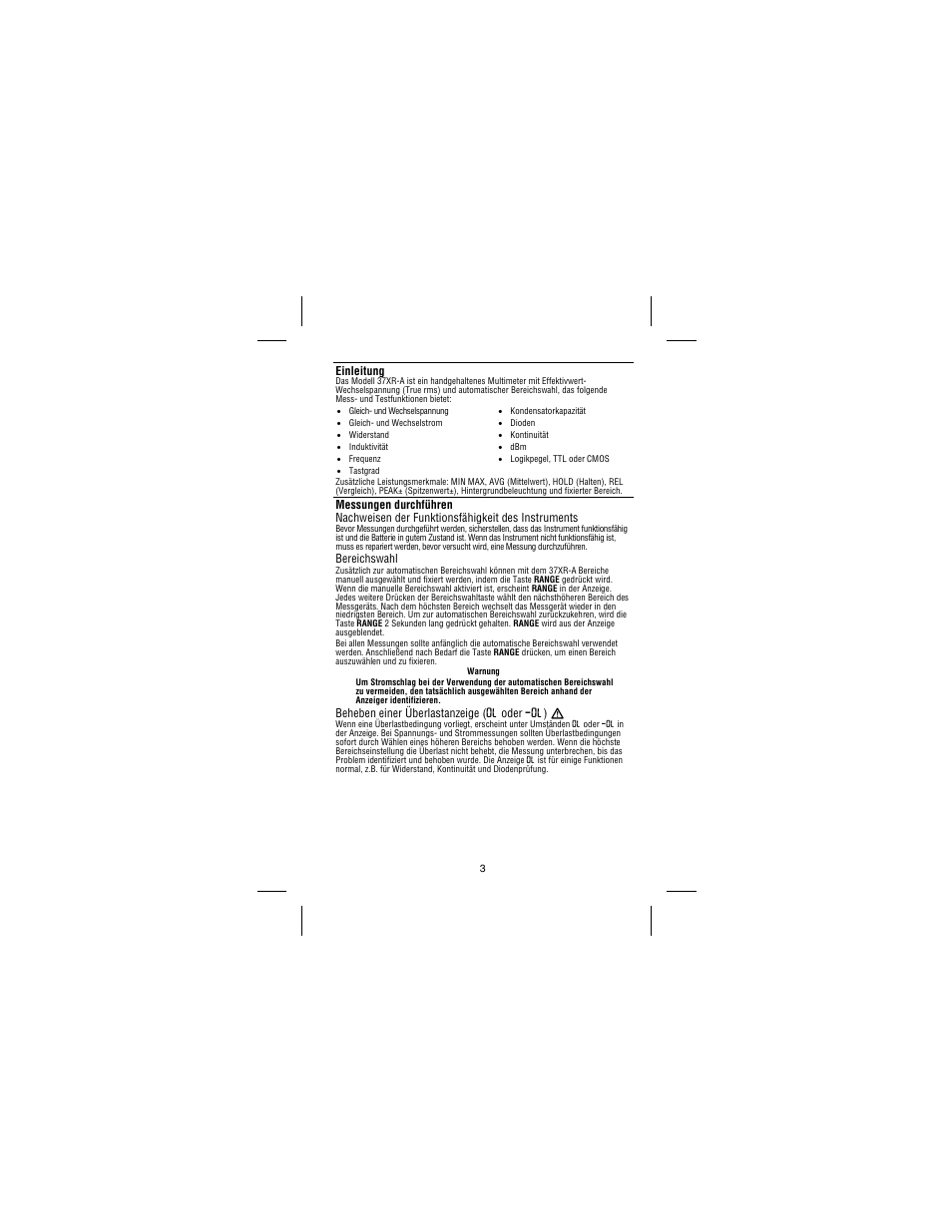Einleitung, Bereichswahl, Beheben einer überlastanzeige ( - oder -) | Amprobe 37XR-A Professional-Digital-Multimeter User Manual | Page 46 / 86