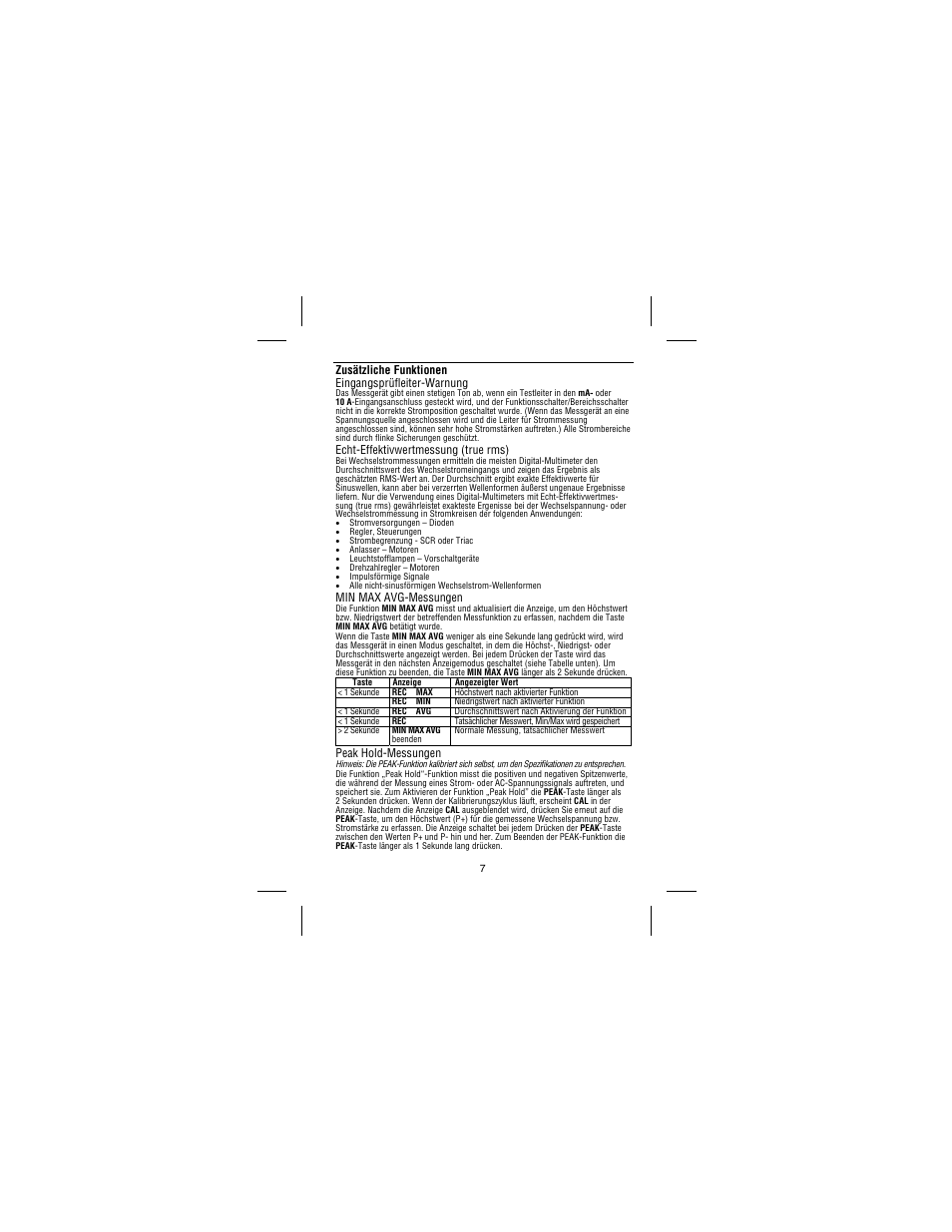 Zusätzliche funktionen eingangsprüfleiter-warnung, Echt-effektivwertmessung (true rms), Min max avg-messungen | Peak hold-messungen | Amprobe 37XR-A Professional-Digital-Multimeter User Manual | Page 50 / 86