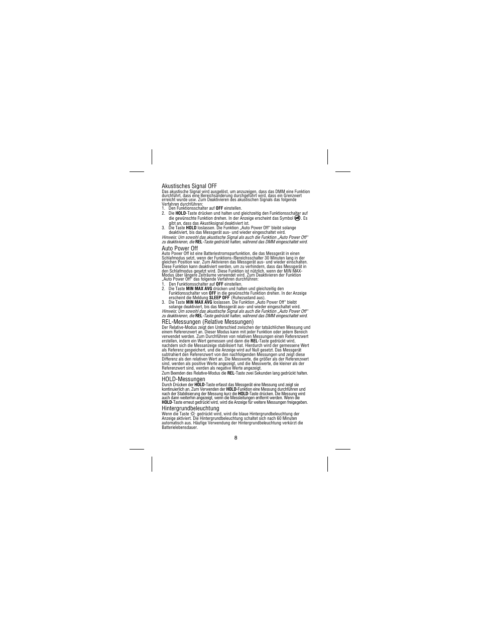 Akustisches signal off, Auto power off, Rel-messungen (relative messungen) | Hold-messungen, Hintergrundbeleuchtung | Amprobe 37XR-A Professional-Digital-Multimeter User Manual | Page 51 / 86