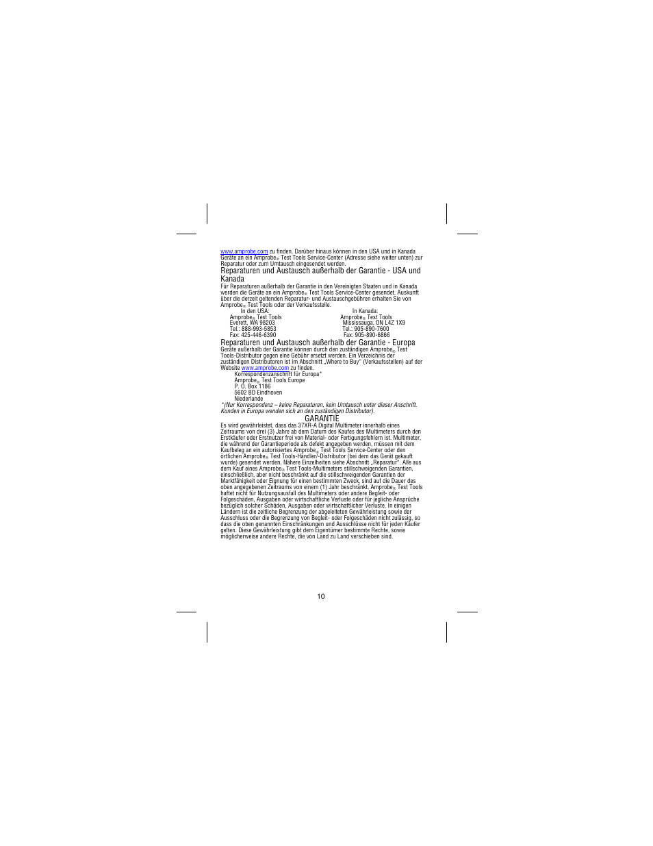 Garantie | Amprobe 37XR-A Professional-Digital-Multimeter User Manual | Page 53 / 86