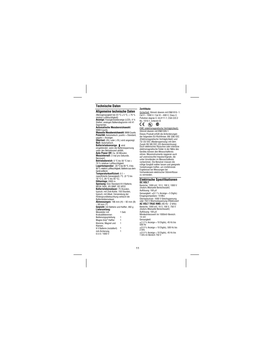 Technische daten allgemeine technische daten, Elektrische spezifikationen | Amprobe 37XR-A Professional-Digital-Multimeter User Manual | Page 54 / 86