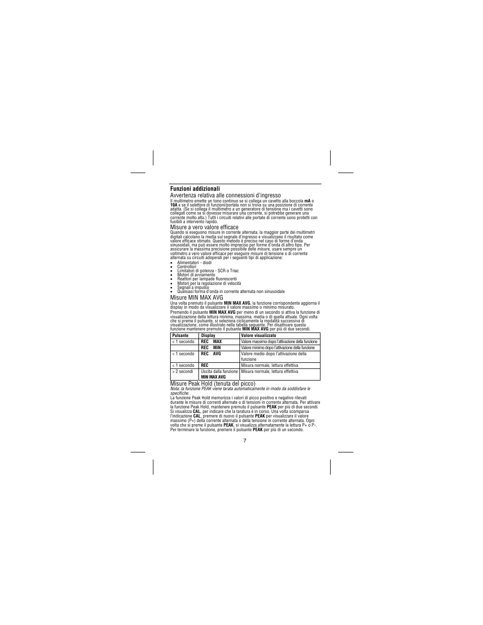 Misure a vero valore efficace, Misure min max avg, Misure peak hold (tenuta del picco) | Amprobe 37XR-A Professional-Digital-Multimeter User Manual | Page 64 / 86