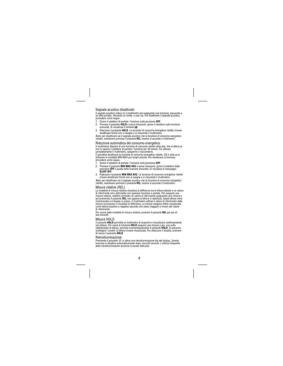 Segnale acustico disattivato, Riduzione automatica del consumo energetico, Misure relative (rel) | Misure hold, Retroilluminazione | Amprobe 37XR-A Professional-Digital-Multimeter User Manual | Page 65 / 86