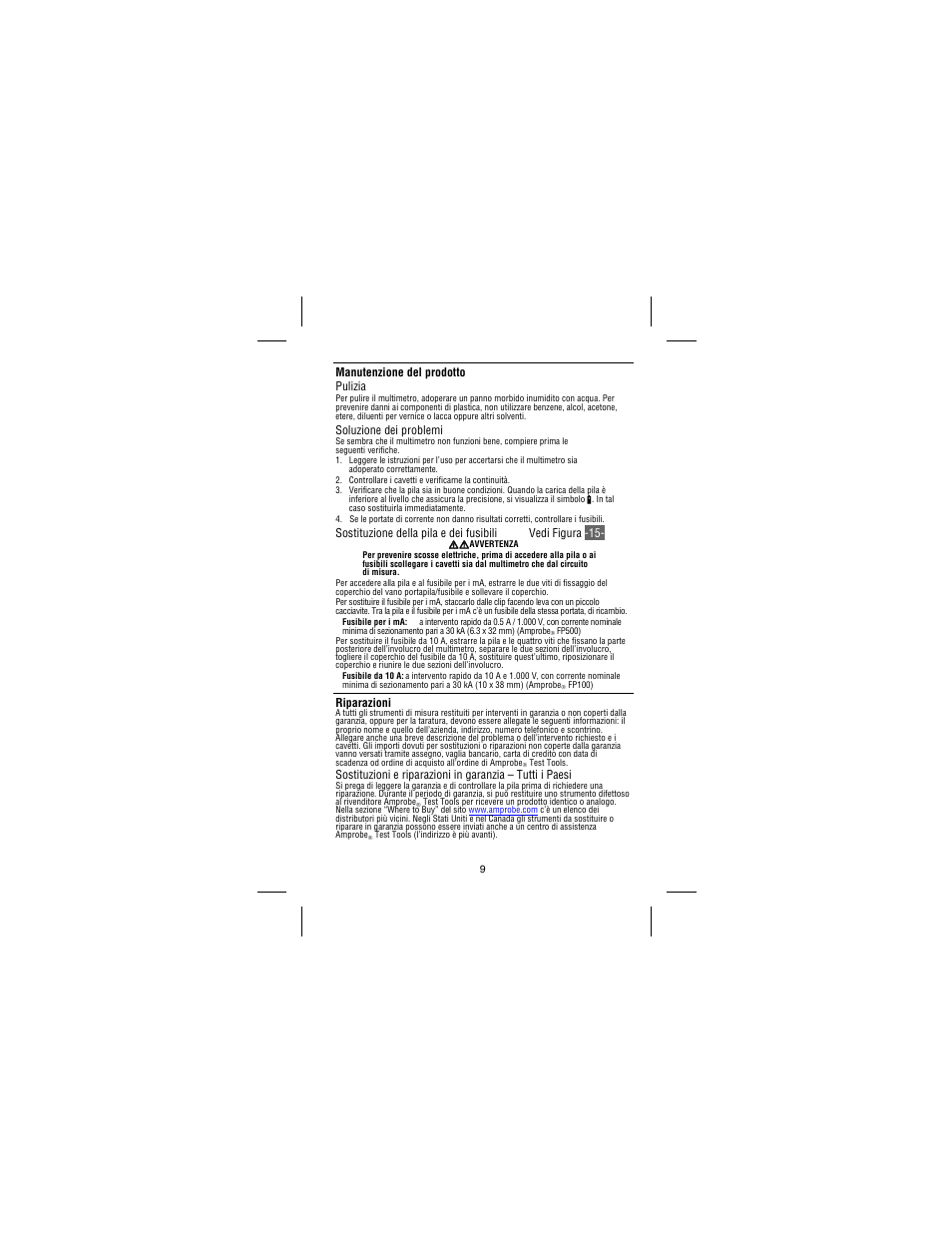 Manutenzione del prodotto pulizia, Soluzione dei problemi, Riparazioni | Amprobe 37XR-A Professional-Digital-Multimeter User Manual | Page 66 / 86