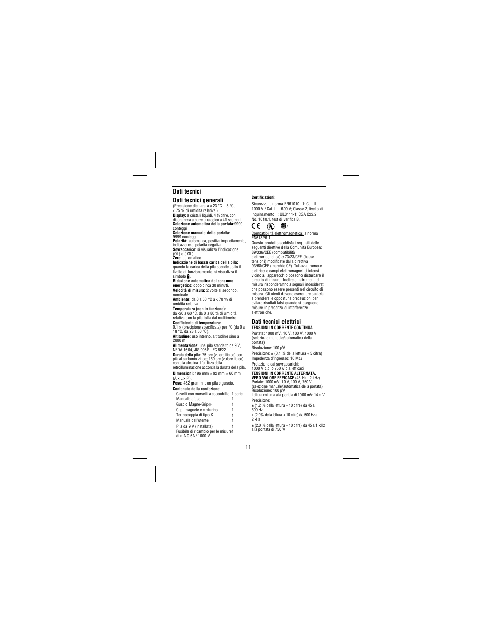 Dati tecnici dati tecnici generali, Dati tecnici elettrici | Amprobe 37XR-A Professional-Digital-Multimeter User Manual | Page 68 / 86