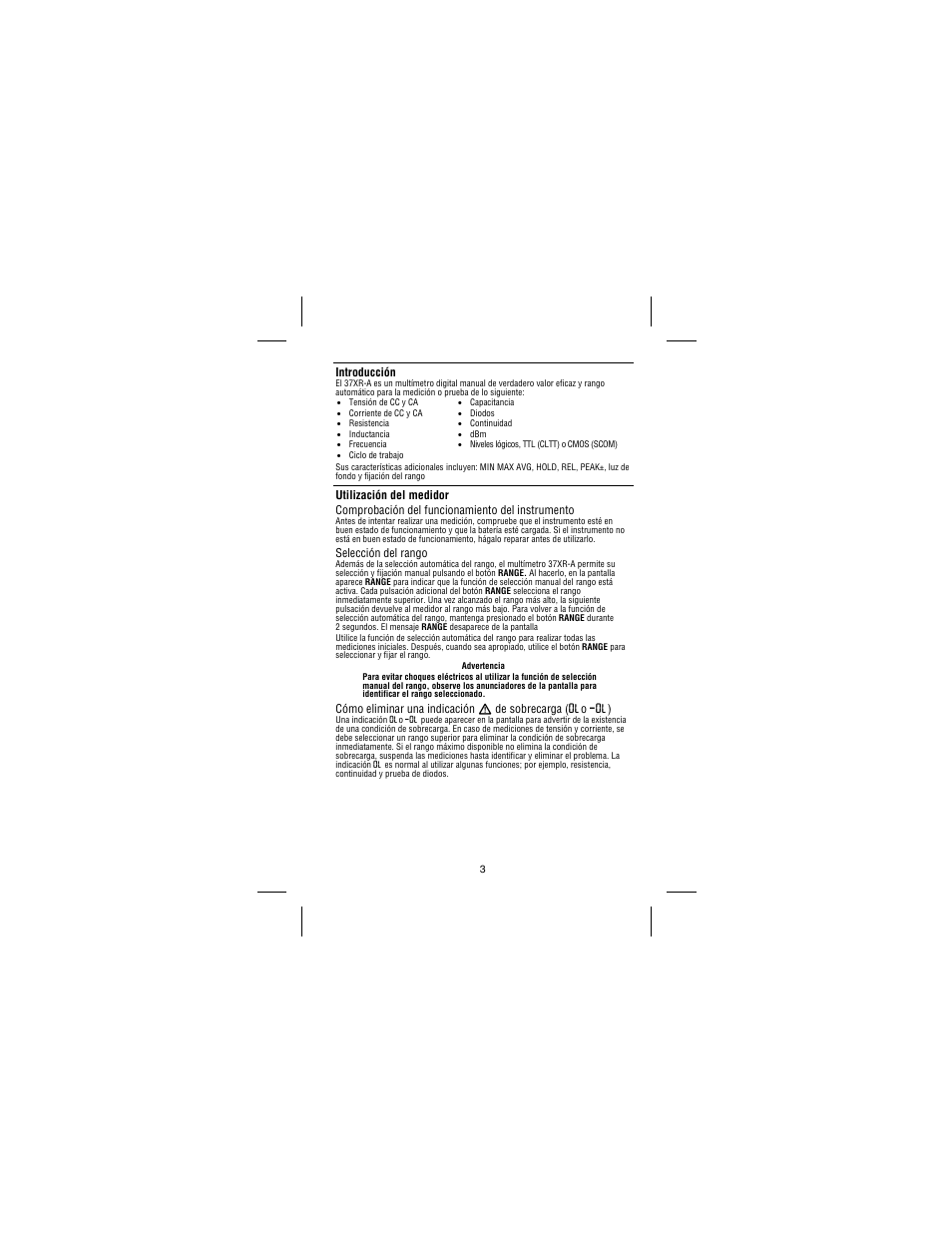Introducción, Selección del rango | Amprobe 37XR-A Professional-Digital-Multimeter User Manual | Page 74 / 86