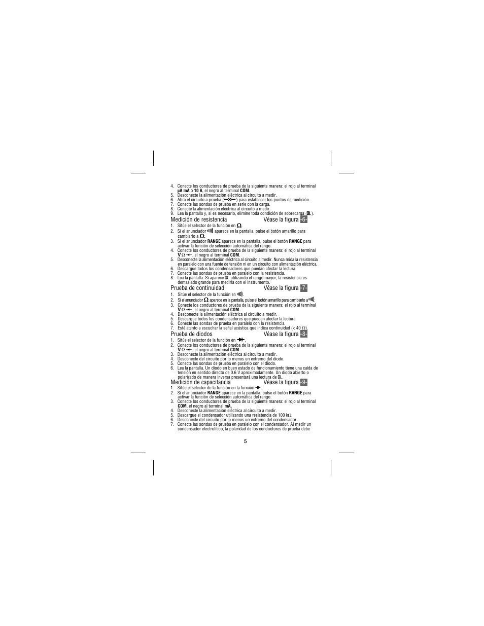 Medición de resistencia véase la figura -6, Prueba de continuidad véase la figura -7, Prueba de diodos véase la figura -8 | Medición de capacitancia véase la figura -9 | Amprobe 37XR-A Professional-Digital-Multimeter User Manual | Page 76 / 86