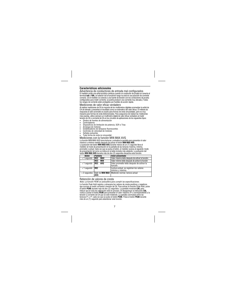 Mediciones de valor eficaz verdadero, Mediciones con la función min max avg, Retención de valores de cresta | Amprobe 37XR-A Professional-Digital-Multimeter User Manual | Page 78 / 86