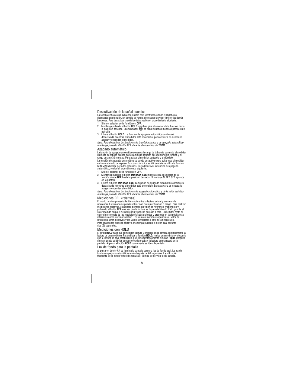 Desactivación de la señal acústica, Apagado automático, Mediciones rel (relativas) | Mediciones con hold, Luz de fondo para la pantalla | Amprobe 37XR-A Professional-Digital-Multimeter User Manual | Page 79 / 86