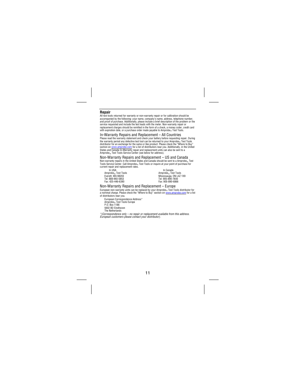 Repair, Non-warranty repairs and replacement – europe | Amprobe 38XR-A Professional-Digital-Multimeter User Manual | Page 15 / 92