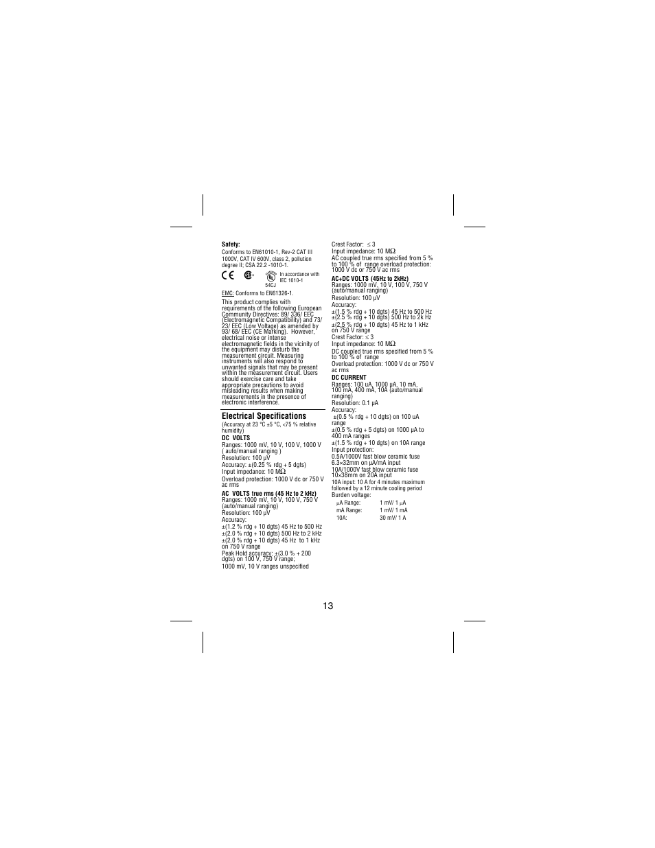 Electrical specifications | Amprobe 38XR-A Professional-Digital-Multimeter User Manual | Page 17 / 92