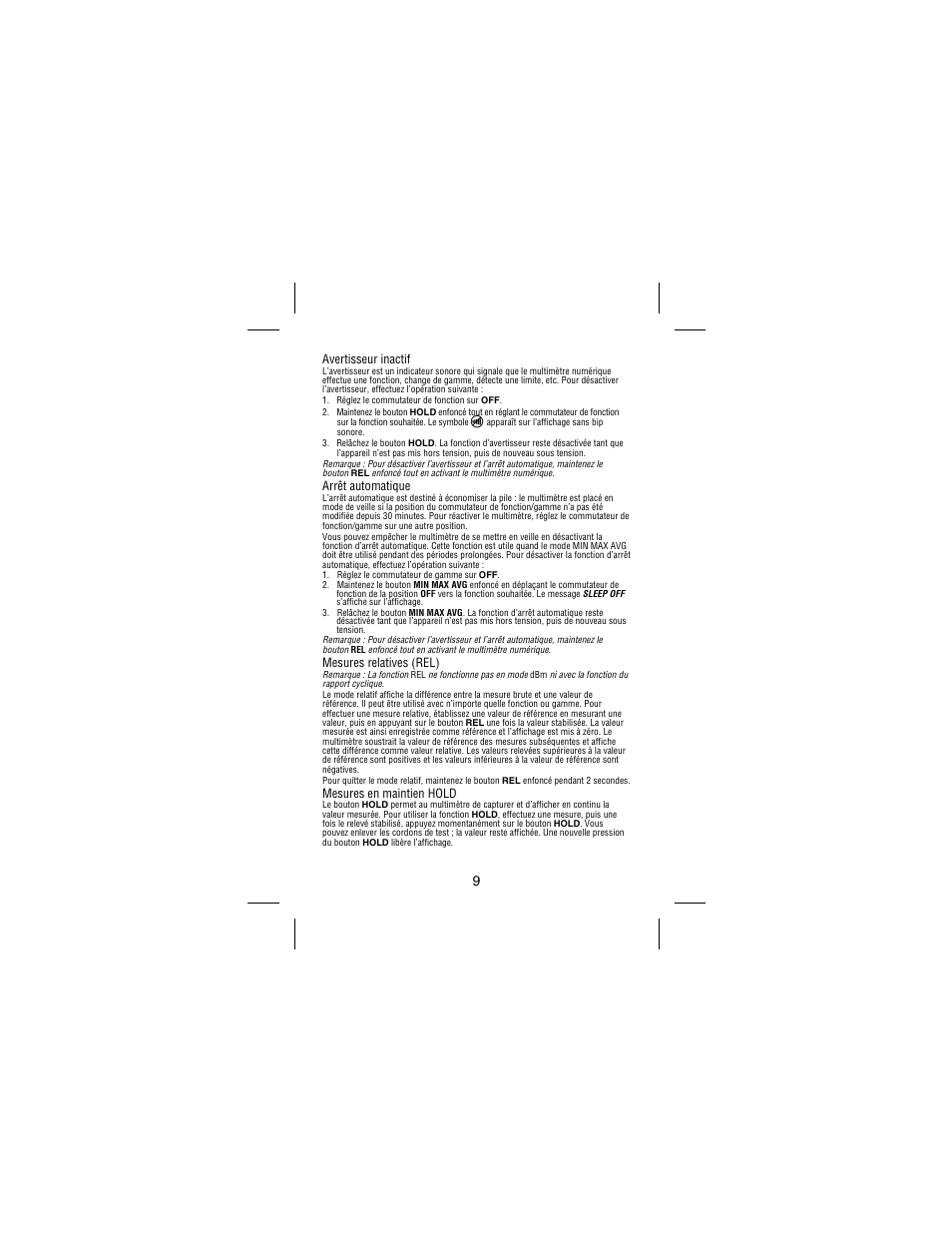 Avertisseur inactif, Arrêt automatique, Mesures relatives (rel) | Mesures en maintien hold | Amprobe 38XR-A Professional-Digital-Multimeter User Manual | Page 37 / 92