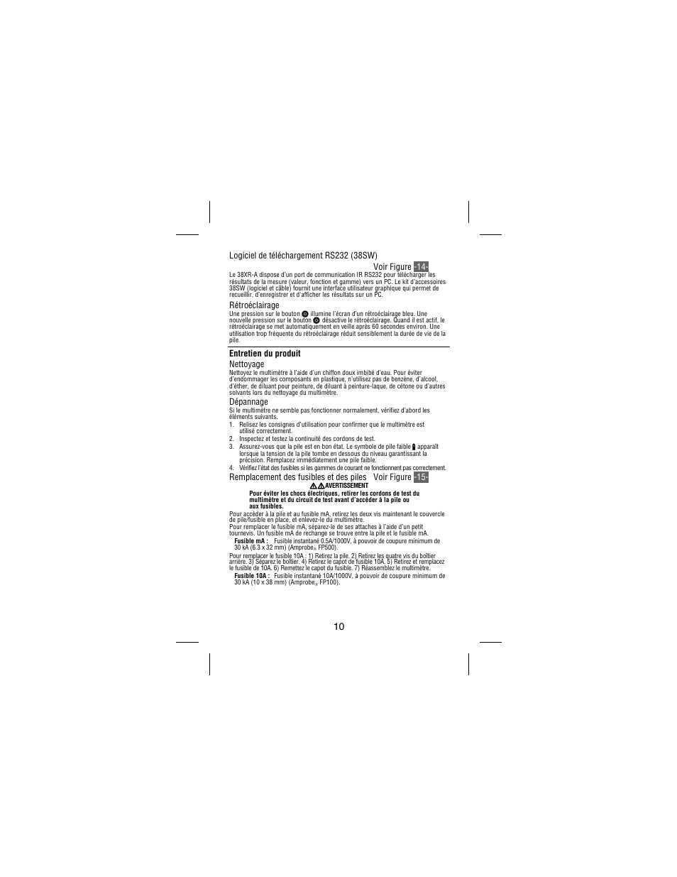 Rétroéclairage, Entretien du produit nettoyage, Dépannage | Amprobe 38XR-A Professional-Digital-Multimeter User Manual | Page 38 / 92