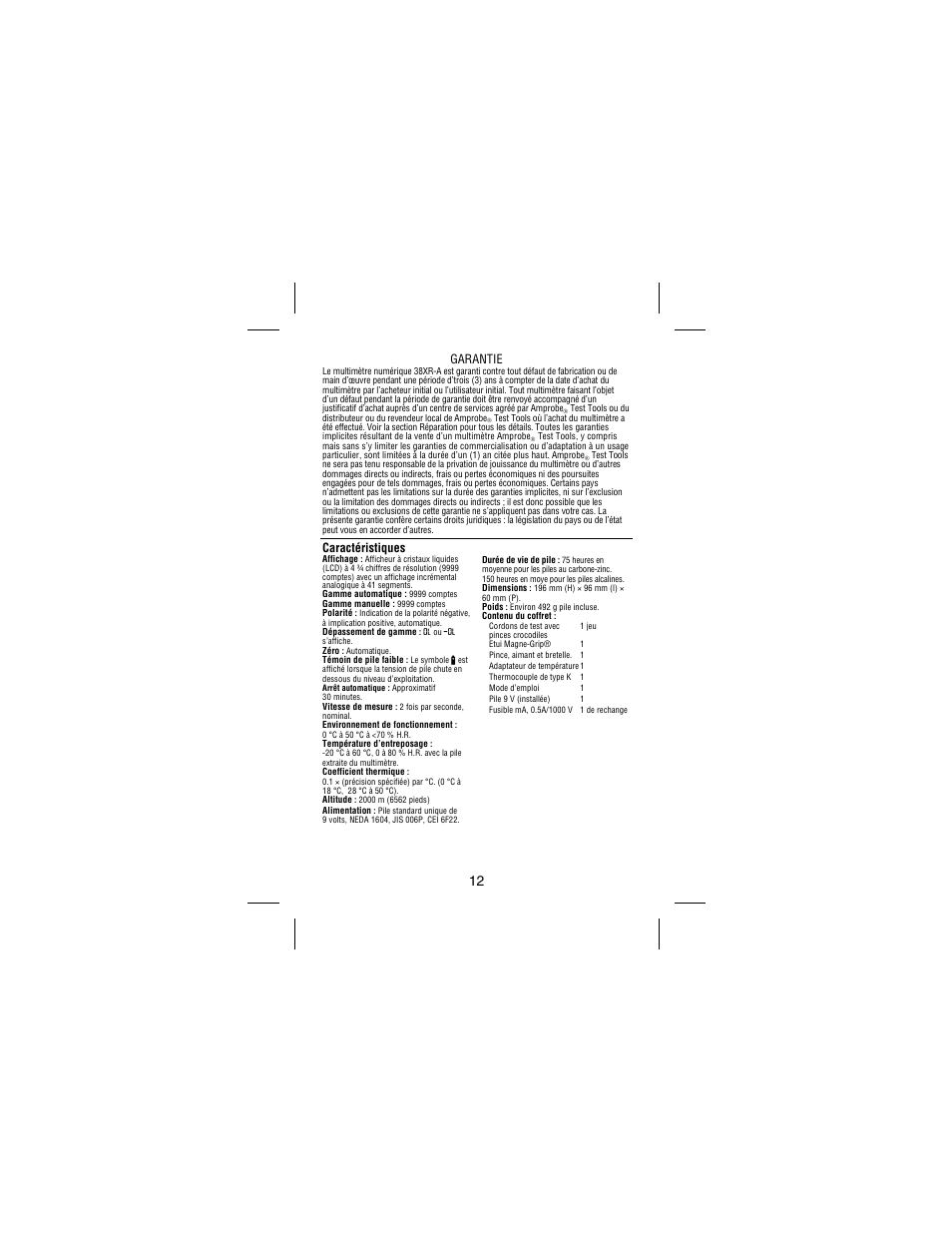 Garantie, Caractéristiques | Amprobe 38XR-A Professional-Digital-Multimeter User Manual | Page 40 / 92