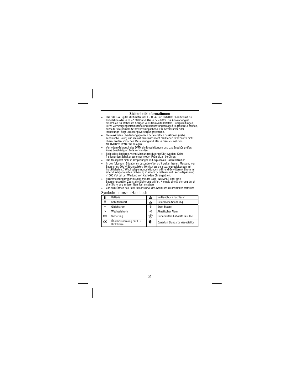 Sicherheitsinformationen, Symbole in diesem handbuch | Amprobe 38XR-A Professional-Digital-Multimeter User Manual | Page 46 / 92