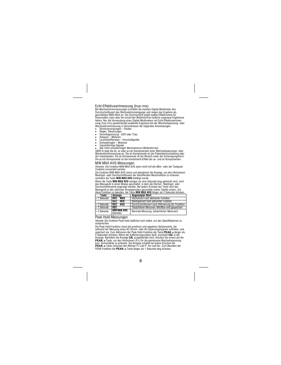 Echt-effektivwertmessung (true rms), Min max avg-messungen, Peak hold-messungen | Amprobe 38XR-A Professional-Digital-Multimeter User Manual | Page 52 / 92