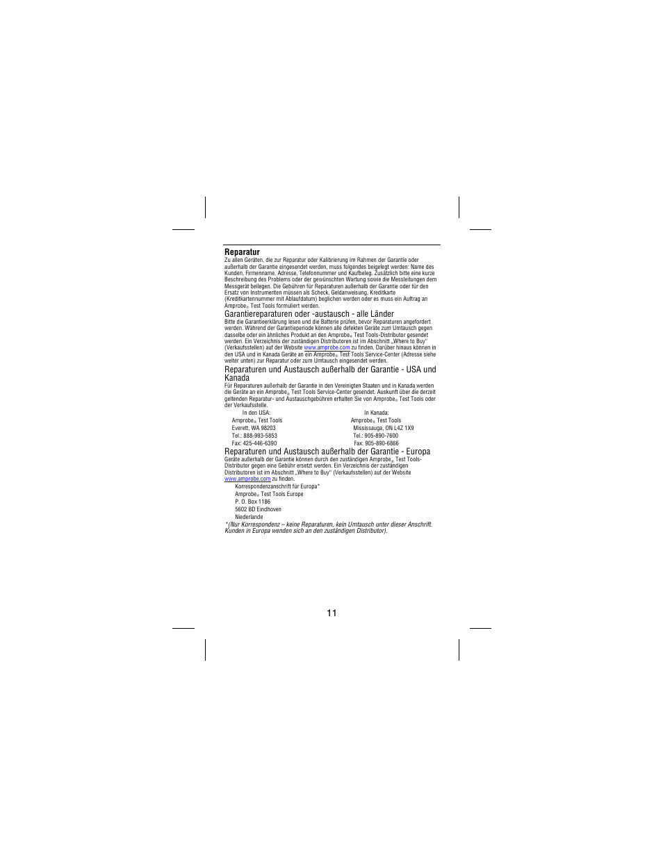 Reparatur, Garantiereparaturen oder -austausch - alle länder | Amprobe 38XR-A Professional-Digital-Multimeter User Manual | Page 55 / 92