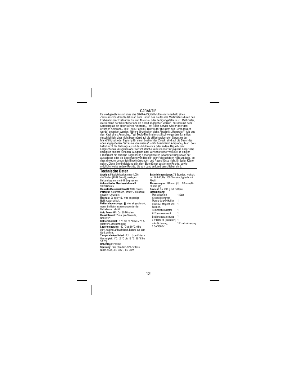 Garantie, Technische daten | Amprobe 38XR-A Professional-Digital-Multimeter User Manual | Page 56 / 92