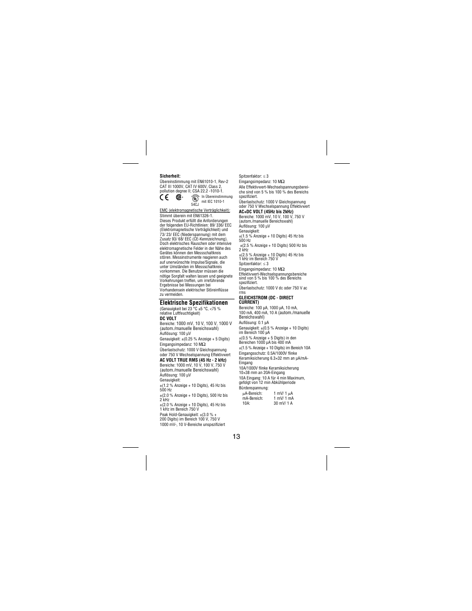 Elektrische spezifikationen | Amprobe 38XR-A Professional-Digital-Multimeter User Manual | Page 57 / 92