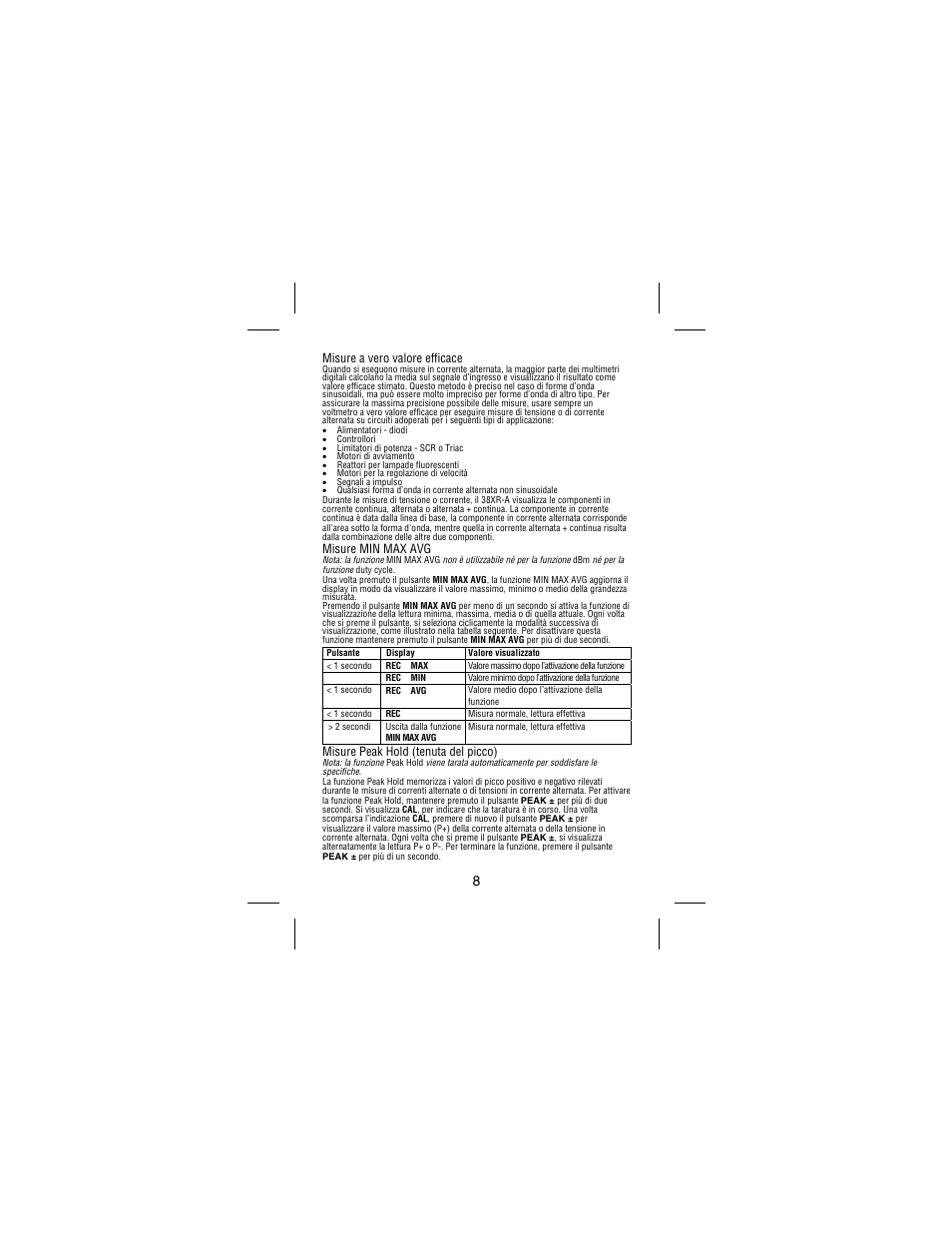 Misure a vero valore efficace, Misure min max avg, Misure peak hold (tenuta del picco) | Amprobe 38XR-A Professional-Digital-Multimeter User Manual | Page 68 / 92