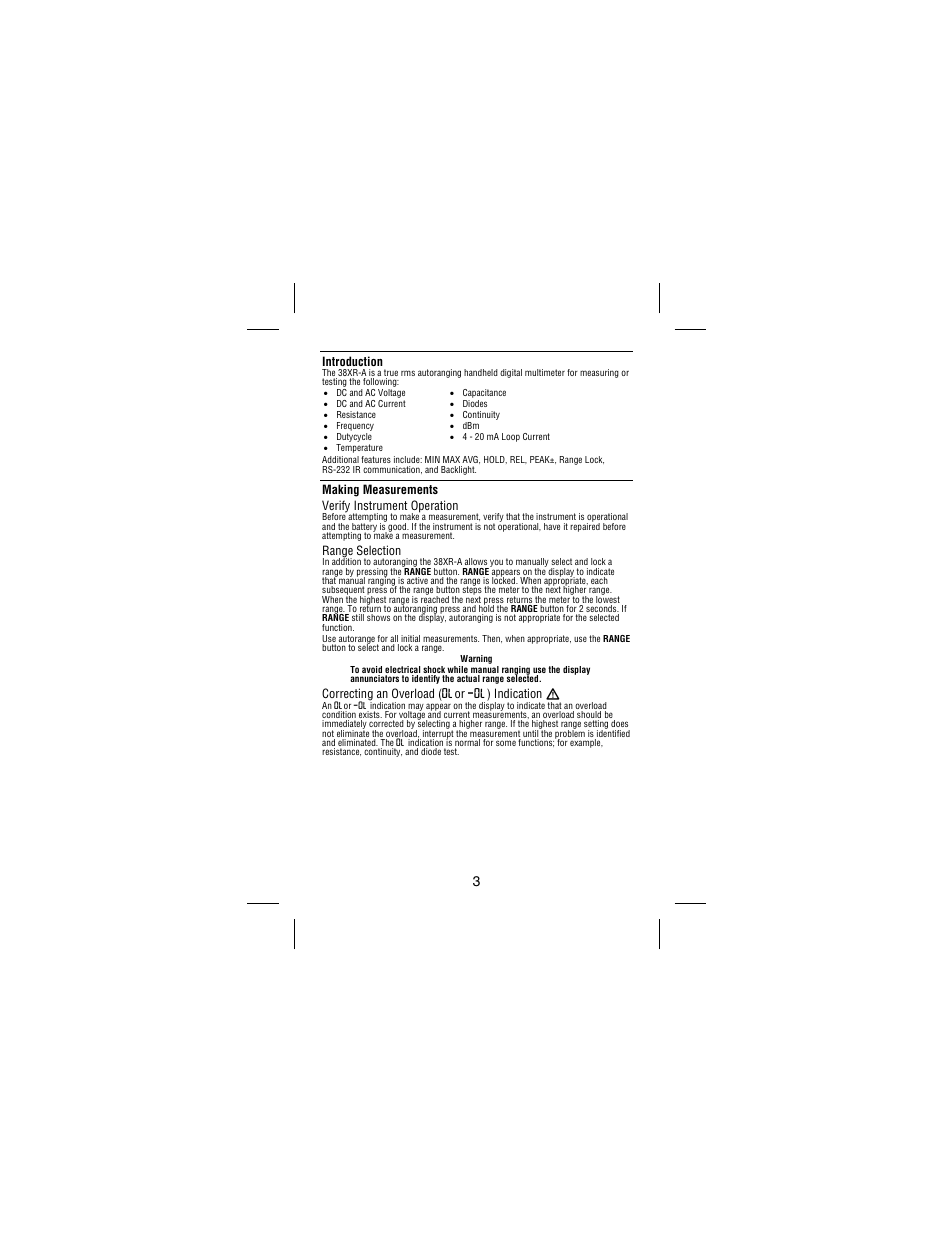 Introduction, Making measurements verify instrument operation, Range selection | Correcting an overload ( oor -o) indication w | Amprobe 38XR-A Professional-Digital-Multimeter User Manual | Page 7 / 92