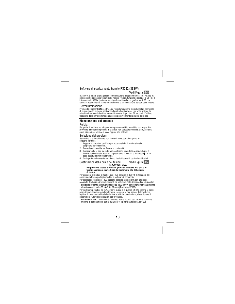 Retroilluminazione, Manutenzione del prodotto pulizia, Soluzione dei problemi | Amprobe 38XR-A Professional-Digital-Multimeter User Manual | Page 70 / 92