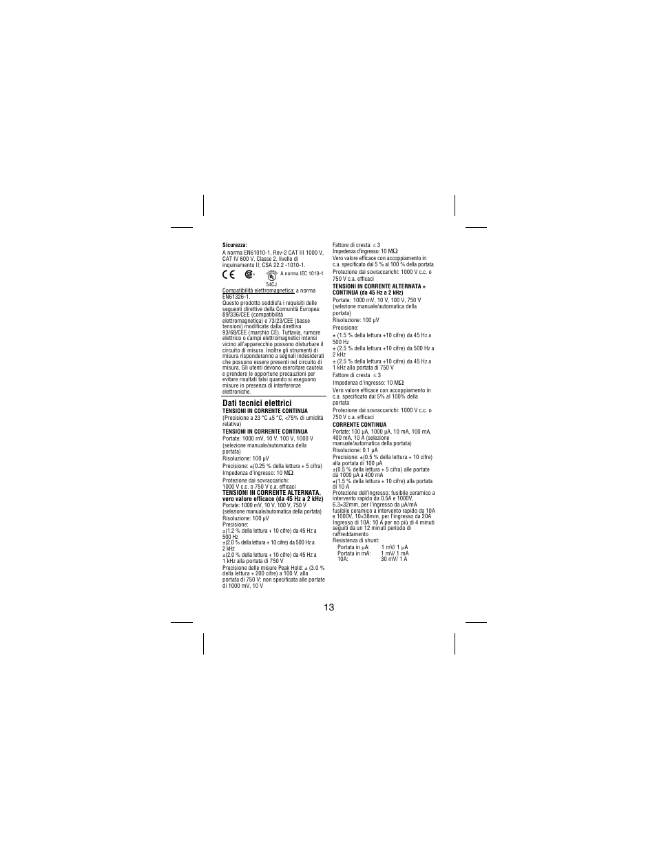 Dati tecnici elettrici | Amprobe 38XR-A Professional-Digital-Multimeter User Manual | Page 73 / 92