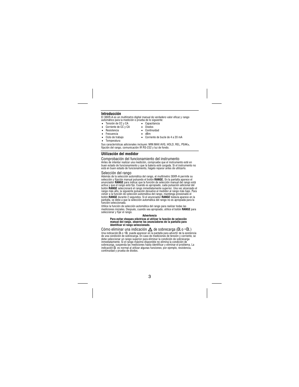Introducción, Selección del rango | Amprobe 38XR-A Professional-Digital-Multimeter User Manual | Page 79 / 92