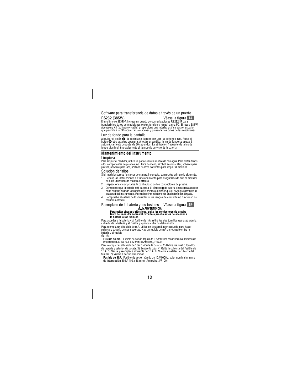 Luz de fondo para la pantalla, Mantenimiento del instrumento limpieza, Solución de fallos | Amprobe 38XR-A Professional-Digital-Multimeter User Manual | Page 86 / 92