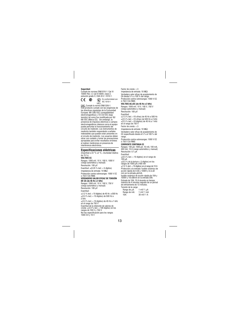 Especificaciones eléctricas | Amprobe 38XR-A Professional-Digital-Multimeter User Manual | Page 89 / 92