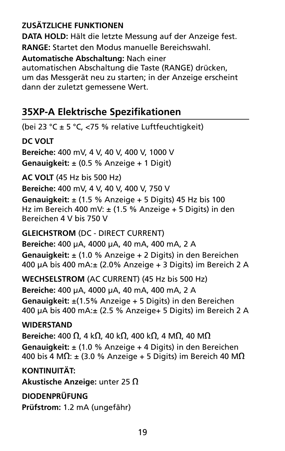 35xp-a elektrische spezifikationen | Amprobe 5XP-A 15XP-A 35XP-A User Manual | Page 100 / 126