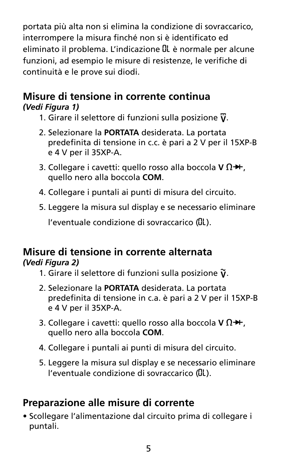 Misure di tensione in corrente continua, Misure di tensione in corrente alternata, Preparazione alle misure di corrente | Amprobe 5XP-A 15XP-A 35XP-A User Manual | Page 110 / 126