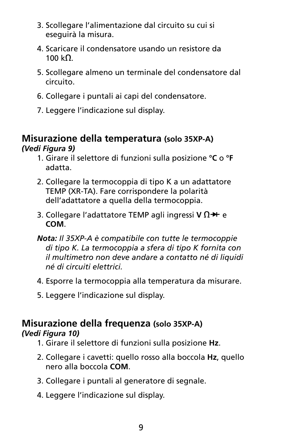 Misurazione della temperatura, Misurazione della frequenza | Amprobe 5XP-A 15XP-A 35XP-A User Manual | Page 114 / 126