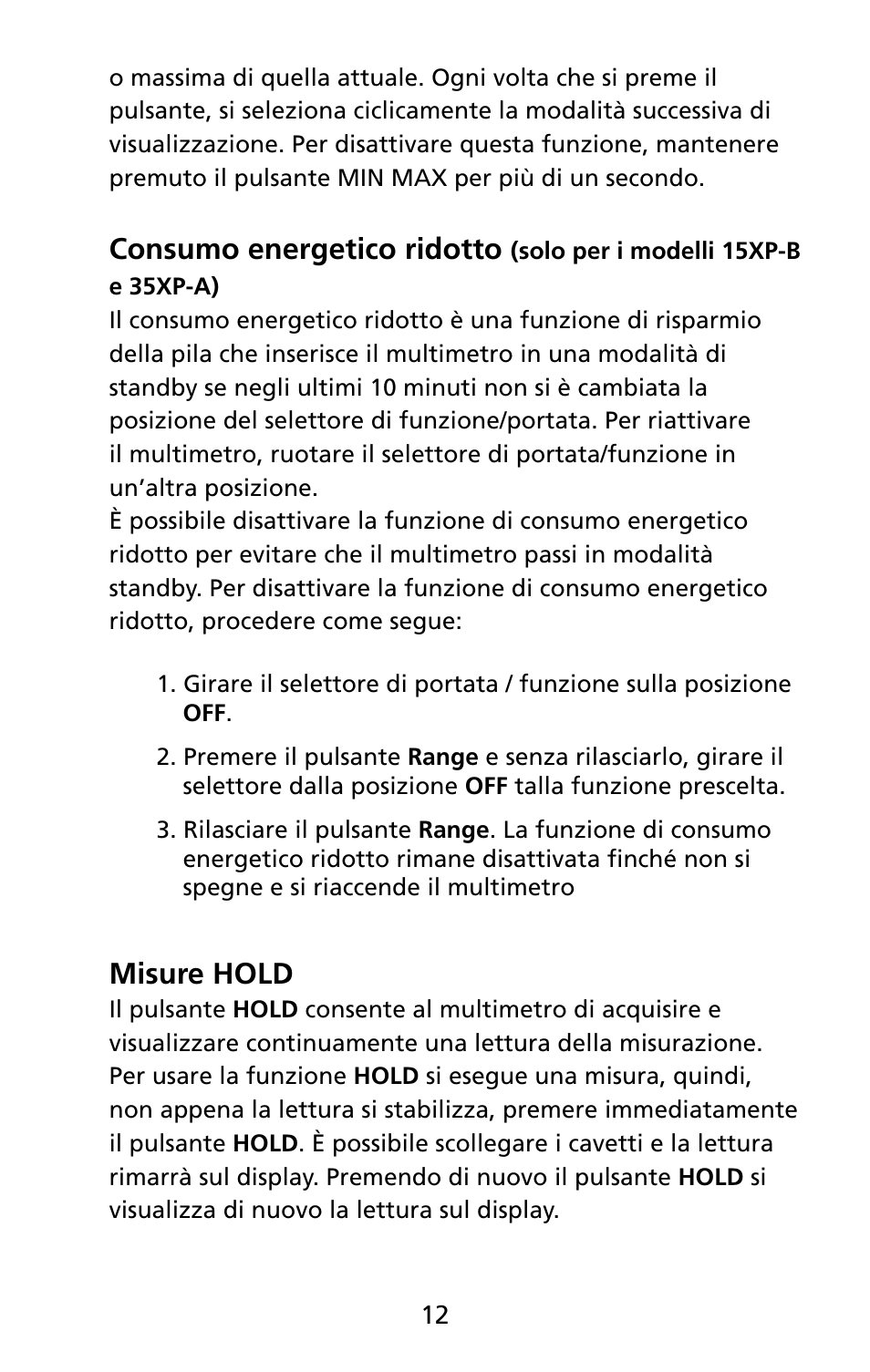 Consumo energetico ridotto, Misure hold | Amprobe 5XP-A 15XP-A 35XP-A User Manual | Page 117 / 126
