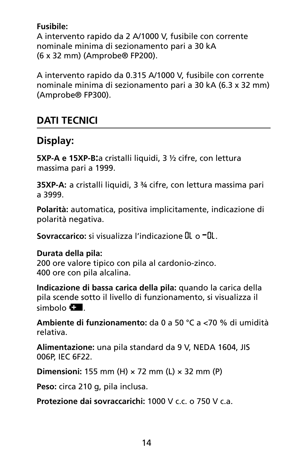 Dati tecnici display | Amprobe 5XP-A 15XP-A 35XP-A User Manual | Page 119 / 126