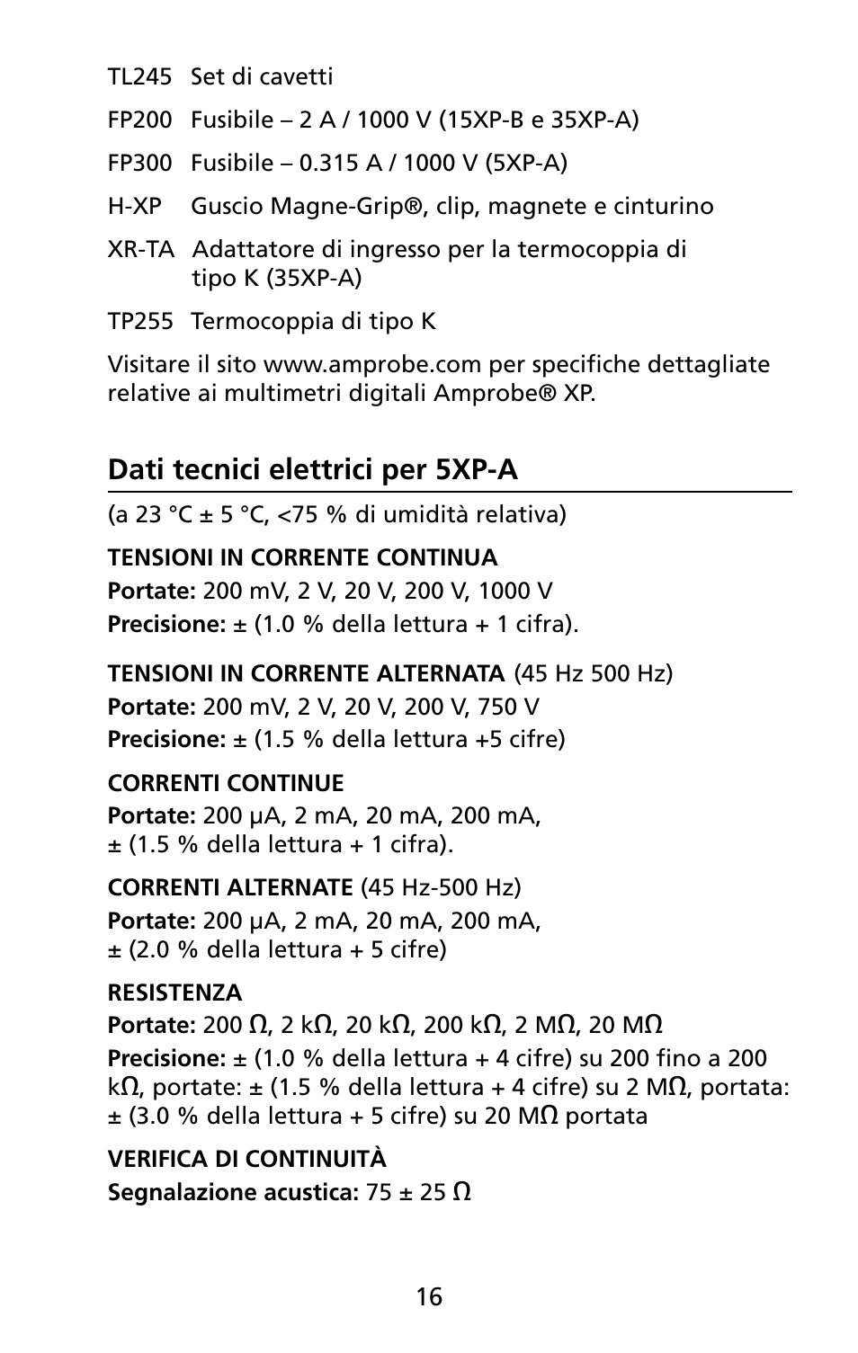 Dati tecnici elettrici per 5xp-a | Amprobe 5XP-A 15XP-A 35XP-A User Manual | Page 121 / 126