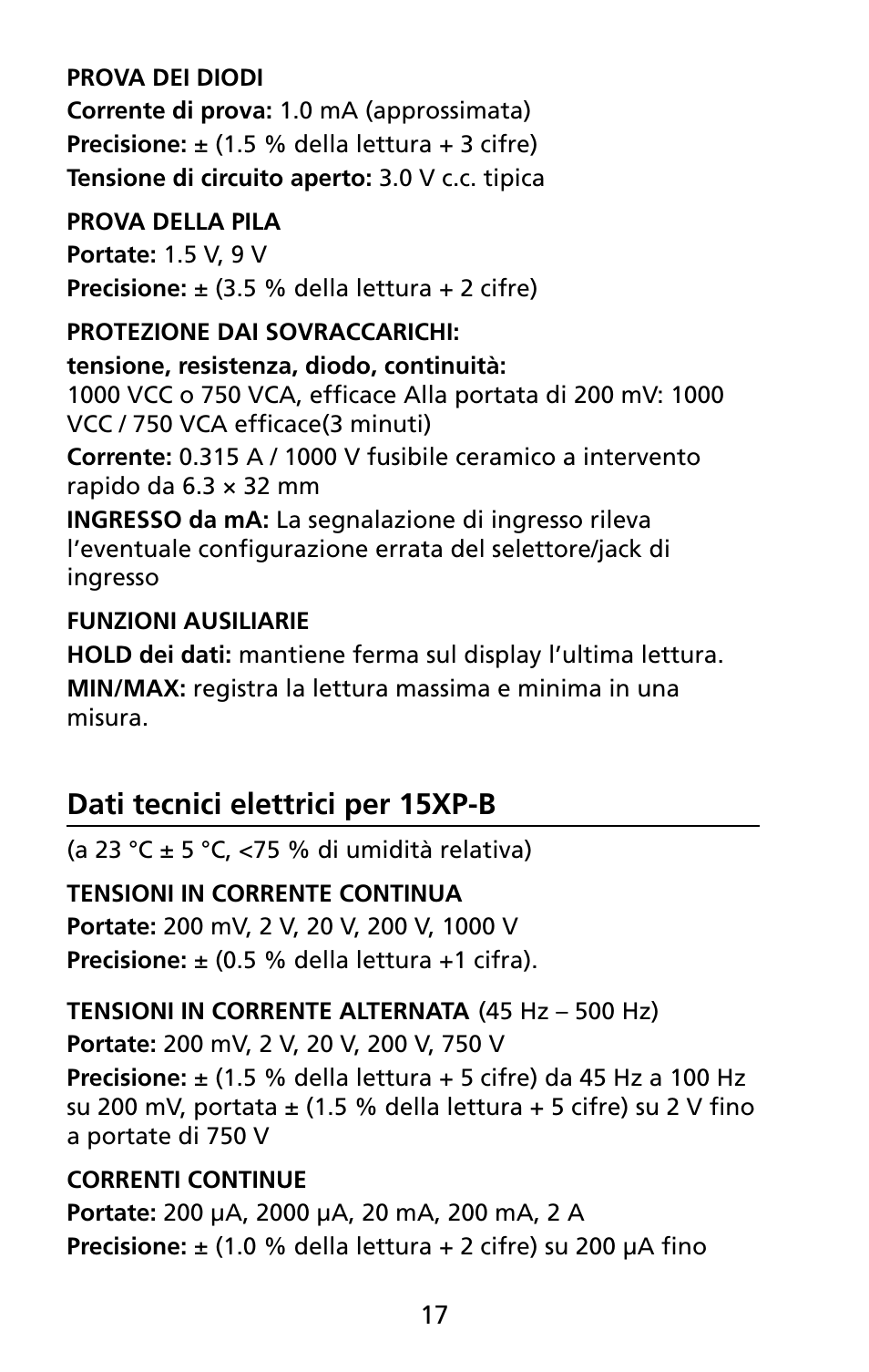 Dati tecnici elettrici per 15xp-b | Amprobe 5XP-A 15XP-A 35XP-A User Manual | Page 122 / 126