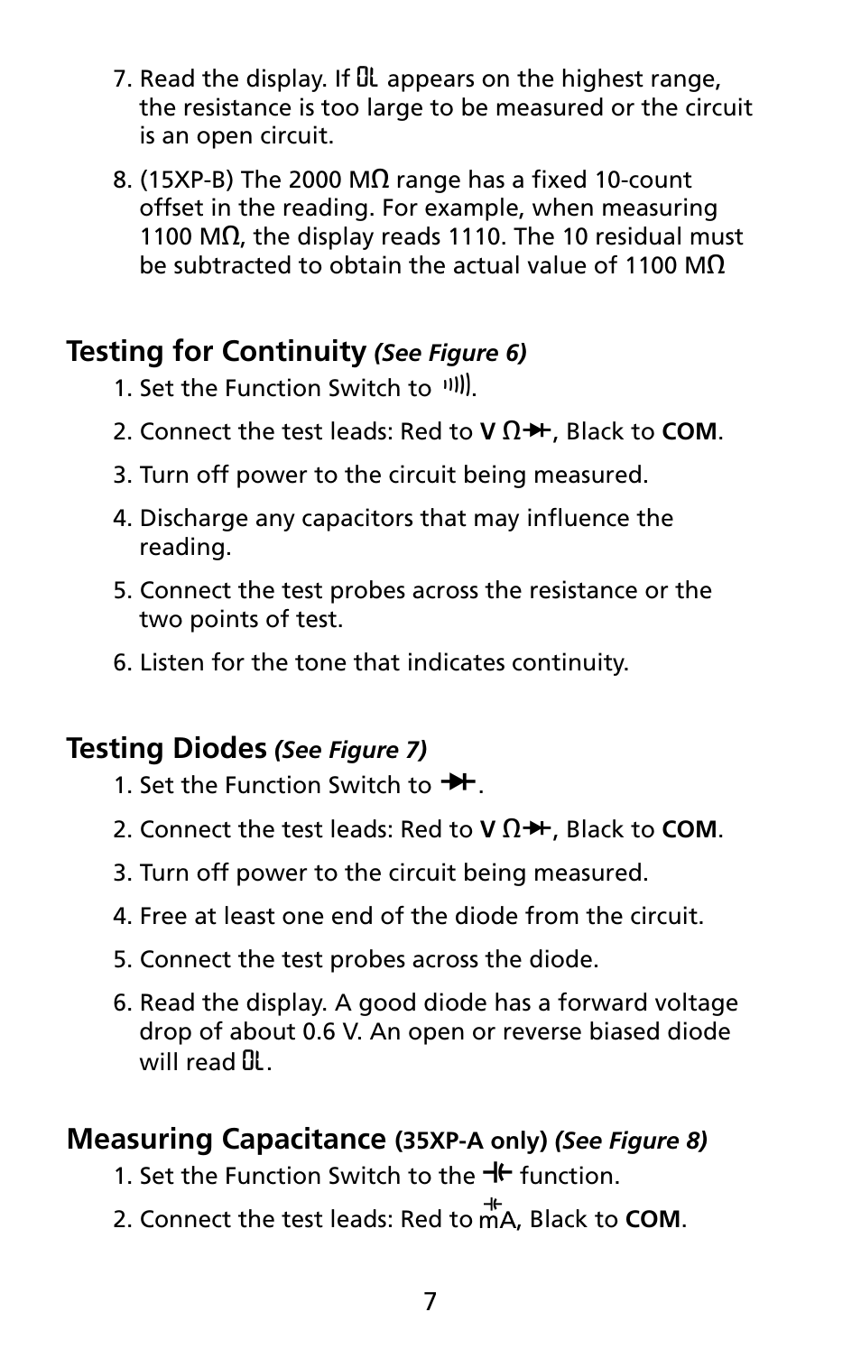 Testing for continuity, Testing diodes, Measuring capacitance | Amprobe 5XP-A 15XP-A 35XP-A User Manual | Page 14 / 126
