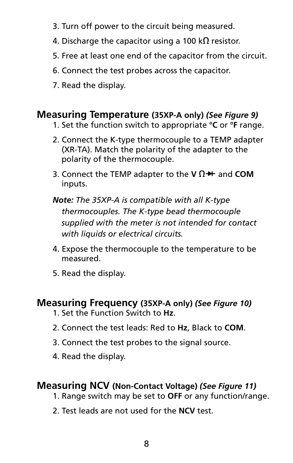 Measuring temperature, Measuring frequency, Measuring ncv | Amprobe 5XP-A 15XP-A 35XP-A User Manual | Page 15 / 126